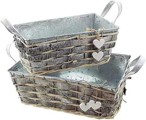 Dekoleidenschaft 2X Blumenkasten aus Zink, Rinde & Weide, Pflanzkasten aus Metall, grau, Kräutertopf, Balkonkasten, Pflanzgefäß, Garten-Deko für Draußen, Balkonblumenkasten
