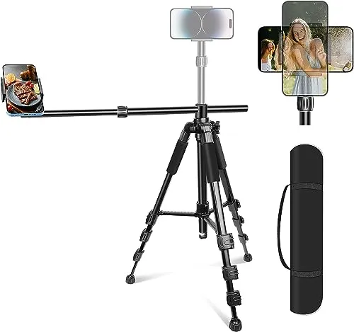 Elitehood Overhead Stativ Handy Flexibel, 180cm Horizontal Tripod iPhone mit 360-Grad-Winkel Verstellbar HandyHalterung Stativ, 63cm Lang Boom mit Handy Stativ für Videoaufnahmen/Tragetasche
