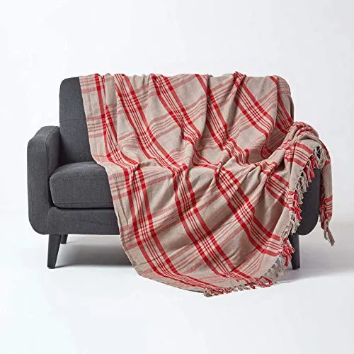 Homescapes große Tagesdecke mit Tartan-Muster - Bettdecken, weiche 100% Baumwolle, ideal als stilvoller Sofa-Überwurf oder Kuscheldecke, atmungsaktiv und pflegeleicht, bis 40 Grad maschinenwaschbar.