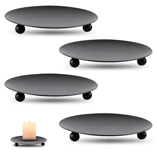 Aoreun 4 Stück Kerzenhalter Stumpenkerzen, Kerzenständer Schwarz Metall Kerzenplatte, Rund Kerzenteller Kerzentablett für Dekorativen Kerzenständer Weihnachts Kerzenleuchter Geschenkartikel