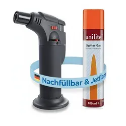 TOM Flambierbrenner Gasbrenner mit 100ml Nachfüllflasche, (2-tlg), Piezo-Zündung, 1300°C, Butan/Propan Gas schwarz