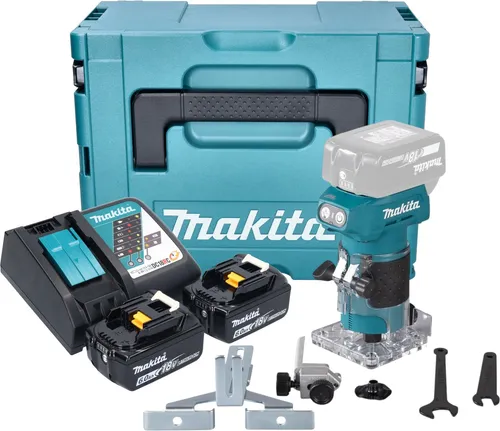Makita DRT 52 RGJ Akku Kantenfräse 18 V - Fräsen für Tischler und Hobbyhandwerker, bürstenloser Motor für hohe Effizienz, LED-Arbeitslicht für bessere Sicht, inkl. 2x 6,0 Ah Akkus und Makpac Koffer.