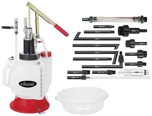 Vigor V4385N Öl Einfüllgerät mit Adapter Satz - Flüssigkeitsextraktoren für müheloses Befüllen von Getrieben und Differentialen mit 16 Adaptern für enge Bauräume, Fassungsvermögen 7,5 l, inkl. Rücklauffunktion.