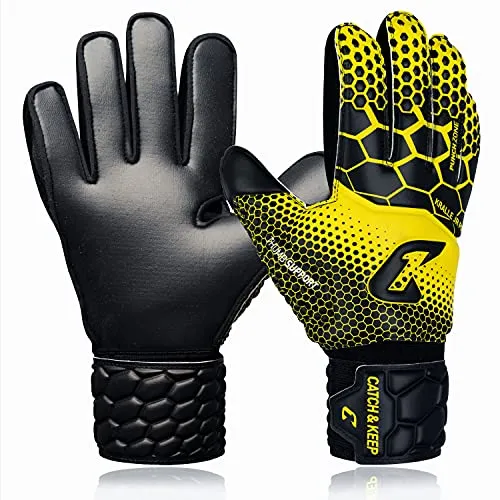 Catch & Keep Torwarthandschuhe Kralle Junior Pro 3.0 - Torwarthandschuhe für junge Talente, aus atmungsaktivem Material, ideal für Fußballtraining und Spiele, Größe 5, in auffälligem Gelb/Schwarz.