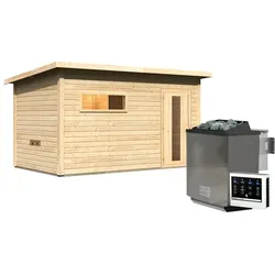 Karibu Gartensauna Saunahaus Hytti 6 naturbelassen Energiesparende Saunatür 9 kW Bio-Kombiofen inkl. Steuergerät