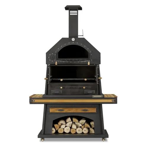 Eleganter schwarzer Grillkamin aus Holz und Edelstahl - Freistehender Grillkamin aus Holz und Edelstahl, 190 cm hoch, ideal für gesellige Grillabende. Mit großzügigem Kochbereich von 80 cm Länge.
