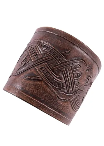 ULFBERTH | Armschienen Paar aus Leder mit geprägtem Drachenmotiv im Jelling-Stil | Wikinger Armband aus Leder | Mittelalter, LARP (Braun - Jelling-Stil)