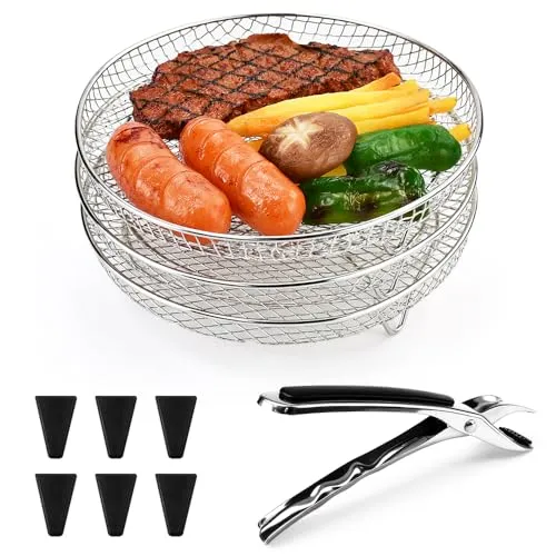 LPAMABA 3 Stück Air Fryer Rack, Edelstahl Stapelbare Körbe für Heißluftfritteuse Airfryer Gittereinsatz Airfryer Gitter Dehydrator Racks mit 6 Silikonfüßen 1 Pinzette für 4,2-5,8 QT-Airfryer, 20cm