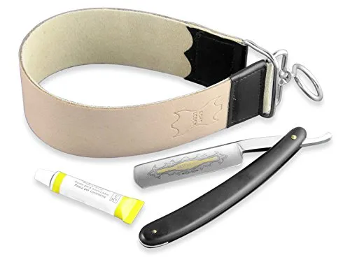 Rasier-Set Rasiermesser Goldätzung Hohlschliff mit Abziehleder und Paste aus SOLINGEN 3-Teilig