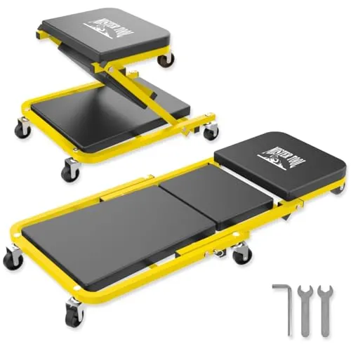 WALTER Mister Tool 2-in-1 Montage Rollbrett & Werkstatthocker | 150 kg Tragkraft | Werkstattliege & Rollsitz | 360° drehbar | Ideal für Autoreparatur, Reifenwechsel & Werkstatt