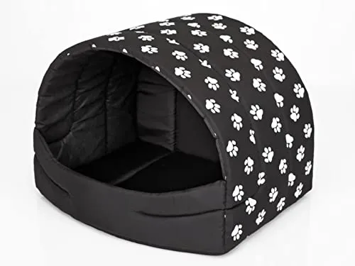 PillowPrim Hundehütte Hundehöhle Hundebett Hundehaus Katzenhöhle Schlafplatz L - 55x43 cm Schwarz mit Pfoten