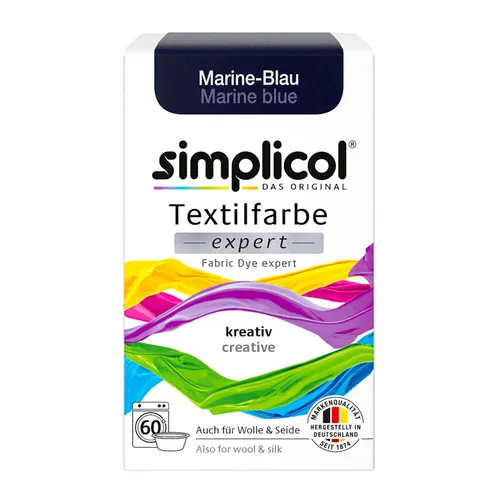 simplicol Textilfarbe expert Marine-Blau 150 g | Intensive Stofffarbe für kreative Upcycling-Projekte - INTENSIVES MARINE-BLAU: Verleih deiner Kleidung neuen Glanz! Die simplicol Textilfarbe Expert sorgt für brillante Farben auf Baumwolle, Wolle und Seide. EINFACHE ANWENDUNG: Ideal für Waschmaschine oder Handfärbung – kreative Ergebnisse ohne Aufwand. VIELSEITIG EINSETZBAR: Perfekt für Batik, Tie-Dye und DIY-Ideen – gestalte einzigartige Lieblingsstücke!