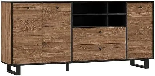 FORTE SEWILL Kommode mit 3 Türen und 2 Schubladen - Kommode aus Holzwerkstoff in Colonialeiche/Schwarz, stabile Konstruktion auf Metallfüßen, pflegeleichte Oberfläche und einfache Montage für Ihr Zuhause.