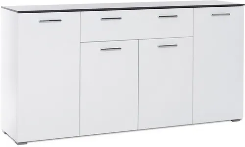 Sideboard MAGIC 3 - Hochglanz Weiß mit Dark Concrete - Elegantes Sideboard in Weiß Hochglanz mit Dark Concrete Abdeckplatte. Ideal für stilvolle Aufbewahrung mit 1 Schubkasten, 4 Türen und 5 Einlegeböden. Perfekt für Ihr Wohnzimmer!