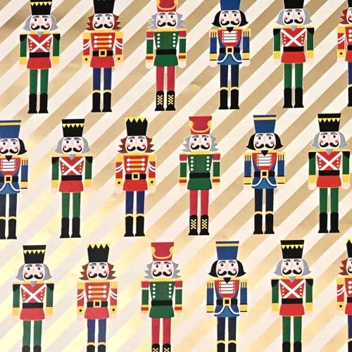 Weihnachtsgeschenkpapier 70cm x 2m Rolle Nussknacker - Geschenkpapier mit Motiv für Weihnachten - Geschenkpapierrolle mit Weihnachtsmotiv - Weihnachtspapier neutral klassisch gestreift Gold Bunt