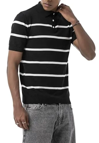 Redbridge by Tarz Cool Herren Poloshirt Kordelstrick Streifen Retro Look Kurzarm Schwarz Gr.M