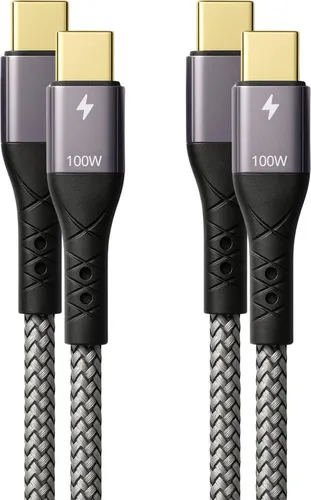 ProfiPatch USB C auf USB C Kabel 2x2m 100W PD 3.0 5A E-Mark Chip grau Goldkontakt Textil USB Datenkabel, Schnellladekabel für Notebooks, Laptops und Handys