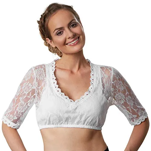 dressforfun 900595 Elegante Dirndlbluse - Dirndlbluse für Damen mit ärmellosem Spitzen-Blumenmuster und elastischem Gummizug, ideal für festliche Anlässe.