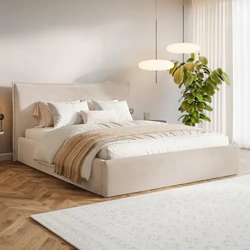 MOTIVENA Leno Polsterbett 160x200 Beige Samt mit Bettkasten in beige von MOTIVENA