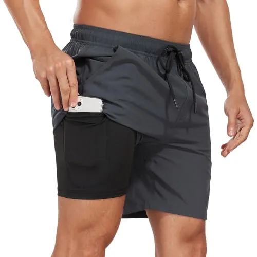 Milaloko Herren Badehose Schnelltrocknend Badeshorts Kurzen Strandhose Sporthose Schwimmhose Boardshorts mit Kompressionsfutter, Grau, 3XL