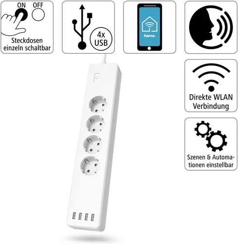 Hama WLAN Socket Strip (4 x, 1 m) - Mehrfachsteckdose mit WLAN-Funktion, ideal für smartes Zuhause und flexible Stromversorgung