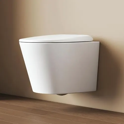 EMKE Spülrandlos Wand WC, 360 x 365 x 490 mm, Weiß | Hänge WC mit Doppelloch-Gegenstrom & Mehrloch-Spülung, Keramik, Wandmontage, WC-Sitz mit Softclose und Schnellloesefunktion