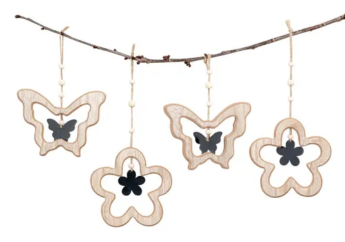 Levandeo® Windspiel, 4er Set Deko Anhänger Schmetterling Blume MDF Holz Natur Hängedeko