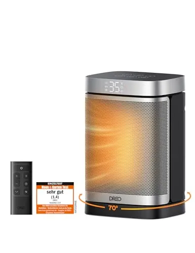 Dreo Heizlüfter Atom One, 1500W Energiesparend & Leise - Elektroheizkörper mit 70° Oszillation und PTC Keramik-Technologie für schnelle Wärme. Der ECO-Modus spart Energie, während der 12-Std-Timer und der leise Betrieb ideal für den Einsatz nachts sind.