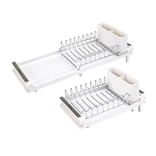 Erreke Abtropfgestell Geschirr, Geschirrabtropfgestell, Abtropfgestell Geschirr Klein, Ausziehbar, Ausläufe in die Spüle, Rost Edelstahl Besteckhalter, Abtropfständer Kompakt 28x20cm Farbe Weiß