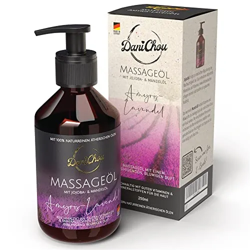 DaniChou Massageöl Amyris-Lavendel 250ml - Natürliches Massageöl - Entspannender Duft - 100% vegane Naturkosmetik - Ohne Farb- & Konservierungsstoffe - Für ultimative Tiefenentspannung & Wohlbefinden
