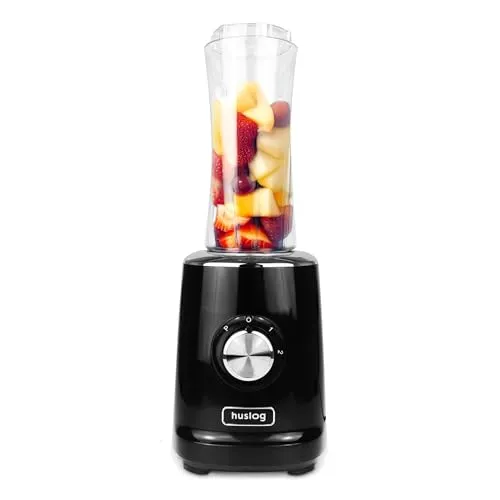 Huslog Blender Smoothie 500W, 4 Edelstahlklingen, 600ml Blend & Go Flasche, 2 Geschwindigkeiten+Pulsfunktion, Rutschfeste Basis, Überhitzungsschutz, Standmixer für Smoothies, Proteinshakes, Schwarz