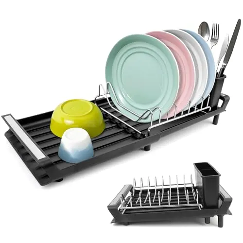 Abtropfgestell Geschirr Abtropfständer Erweiterbar Geschirrabtropfgestell Geschirrtrockner Edelstahl Abtropfgestell Geschirabtropfständer Geschirr Trockengestell für Spüle Dish Drying Rack Schwarz