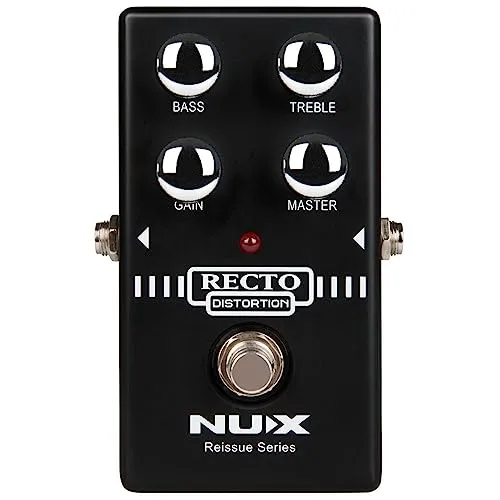Nux Recto Distortion Pedal, E-Gitarren Effektpedal (Effektsteuerung mit Reglern für Bass, Treble, Gain und Master, Sound aus den 90ern, Batteriebetrieb möglich: 9V Batterie), Schwarz
