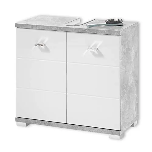 Stella Trading Badezimmer Waschbeckenunterschrank - Moderner Bad Unterschrank in Beton Optik, Weiß mit viel Stauraum - Unterschränke fürs Bad, moderner Design-Unterschrank mit viel Stauraum für Reinigungsmittel und Handtücher, leicht montierbar und langlebig.