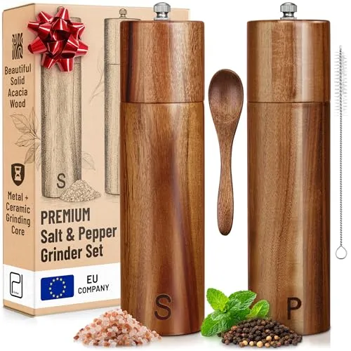 Premium-Salz- und Pfeffermühlen-Set ​– 28 ​g, Mühlen aus massivem Akazienholz – Nachfüllbare manuelle Drehmühlen für grobes Salz + Pfefferkörner ​– Modern/Rustikal