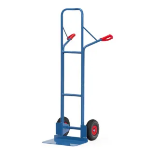 fetra Stapelkarre B1328P - Sackkarre mit stabiler Stahlblechschaufel und pannensicheren PU-Rädern, ideal für den sicheren Transport von runden Gütern wie Rollen und Kannen.