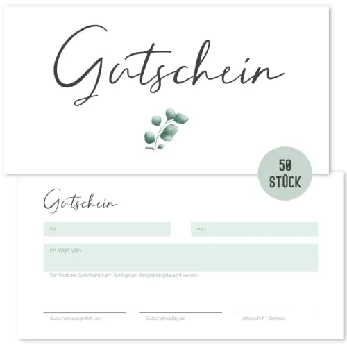 Things of Happiness Blanko Gutscheine zum Ausfüllen (50 Stück) | Geschenkgutschein für Nagelstudio, Friseur, Massage, Kosmetik, etc. (Eucalyptus)