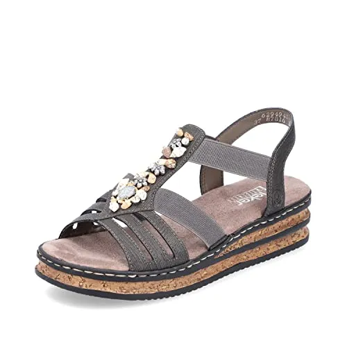Riemchensandale RIEKER für Damen, Gr. 36, grau - Wanderschuhe mit femininem Design und 4 cm Keilabsatz, ideal für den Sommer. Die RIEKER-Sandale aus Lederimitat ist mit Schmucksteinen besetzt und bietet einen bequemen Stretcheinsatz.