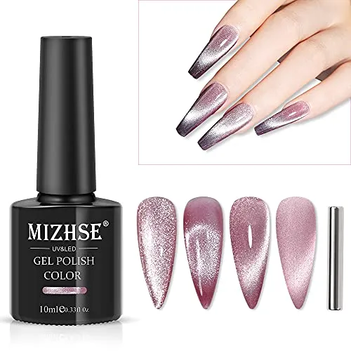 MIZHSE Cat Eye UV Gel, Rosa Nagellack UV Gel Glitzer Katzenaugen Gel Cateye Magnet Nagelack Rosa Cateye UV Gels Holografischer Gellack mit 1 Magnet DIY Art Maniküre Nagellack 10ml