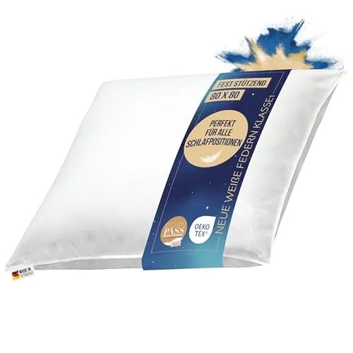 Kopfkissen 80x80 cm mit neuen weißen Federn - Klassisches Kissen, allergikergeeignet mit Daunenpass Zertifikat, ideal für Schlafzimmer und Kinderzimmer, maschinenwaschbar bis 60°C.