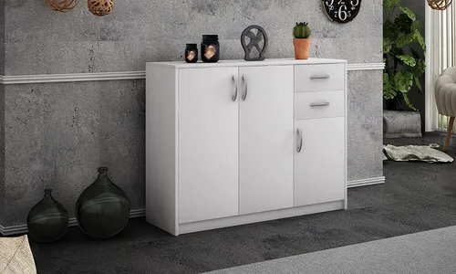 Matkam Möbel Kommode in Weiß, 110x85x35 cm - Kommode aus kratzfester, laminierter Möbelplatte mit 1 Doppeltür und 2 Schubladen. Ideal für schmale Räume, bietet viel Stauraum für Schuhe, Taschen und mehr.