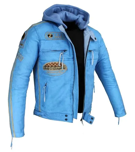 Herren Motorradjacke Lederjacke Biker Jacke mit Protektoren Leder Jacke mit Kapuze Leather Jacket Fashion Jacket Custom (DE/NL/SE/PL, Alphanumerisch, M, Regular, Regular, Blau)
