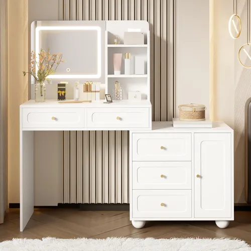 okwish Schminktisch Weiß mit LED-Beleuchtung und 5 Schubladen - Praktischer Kosmetiktisch mit viel Stauraum: 5 Schubladen und offene Fächer für eine übersichtliche Aufbewahrung Ihrer Kosmetik. Verstellbare LED-Beleuchtung sorgt für optimale Lichtverhältnisse beim Schminken.