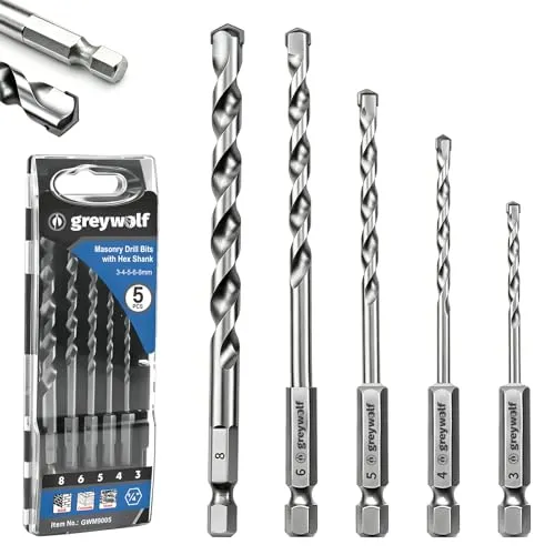 Greywolf Betonbohrer-Set, Steinbohrer-Set, schlagfeste Sechskantschaftbohrer, industrielle Hartmetallbohrer für Glas/Ziegel/Kunststoff/Zement/Fliesen (3/4/5/6/8 mm), 5-teilig