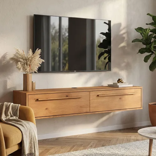 IDIMEX Lowboard TECCA – Hängendes TV Board in Eichefarben - Platzsparendes Lowboard aus massivem Kiefernholz mit 2 Klappen für Technik und Zubehör. Modernes Design, harmonisch in jedem Wohnbereich einsetzbar. Maße: 145 x 26 x 33 cm.