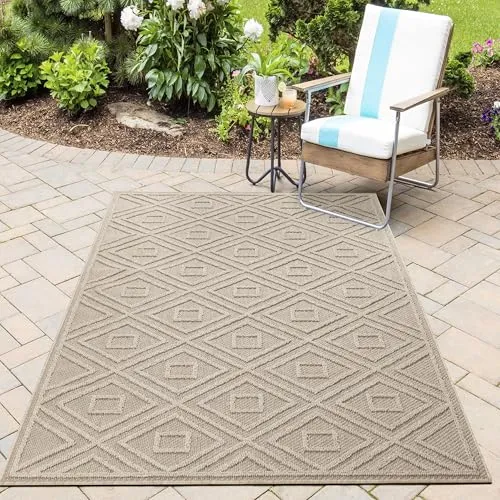 HomebyHome In& Outdoor Teppich Wetterfest, Beige 80x150 cm Teppich Küche, Waschbarer Küchenläufer Flachgewebe Sisaloptik Marokkaniches Design Camping Terasse Balkon Outdoorteppich Garten