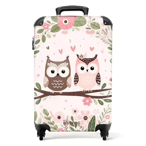 NoBoringSuitcases.com Kinderkoffer Eulen - Grün - Kindergepäck: Leichter Handgepäckkoffer (55x40x20 cm) mit robustem ABS-Material und integriertem Zahlenschloss für sichere Reisen.