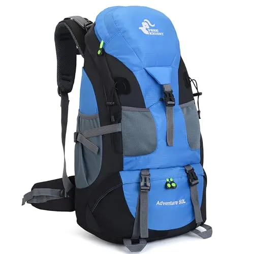 Bseash 50L Leichter wasserfester Wanderrucksack, Outdoor Sport Tagesrucksack Multifunktions Reisetasche für Klettern Camping Reisen (Hellblau – Ohne Schuhfach)