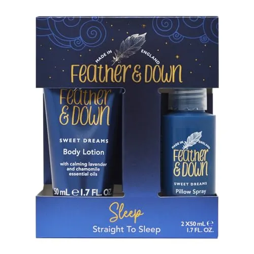 Feather & Down Geschenkset „Straight to Sleep“ (50ml Kopfkissenspray & 50ml Bodylotion) – Das perfekte Duo zum Einschlafen, angereichert mit ätherischem Lavendel und Kamillenöl. Natürliche Extrakte.