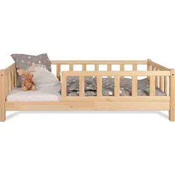 Kinderbett Bett mit Rausfallschutz 120x200cm -LEO mit Latternost. Bettgestell aus Kiefer Holz für Haus Kinder Jungen & Mädchen. - Naturbelassen